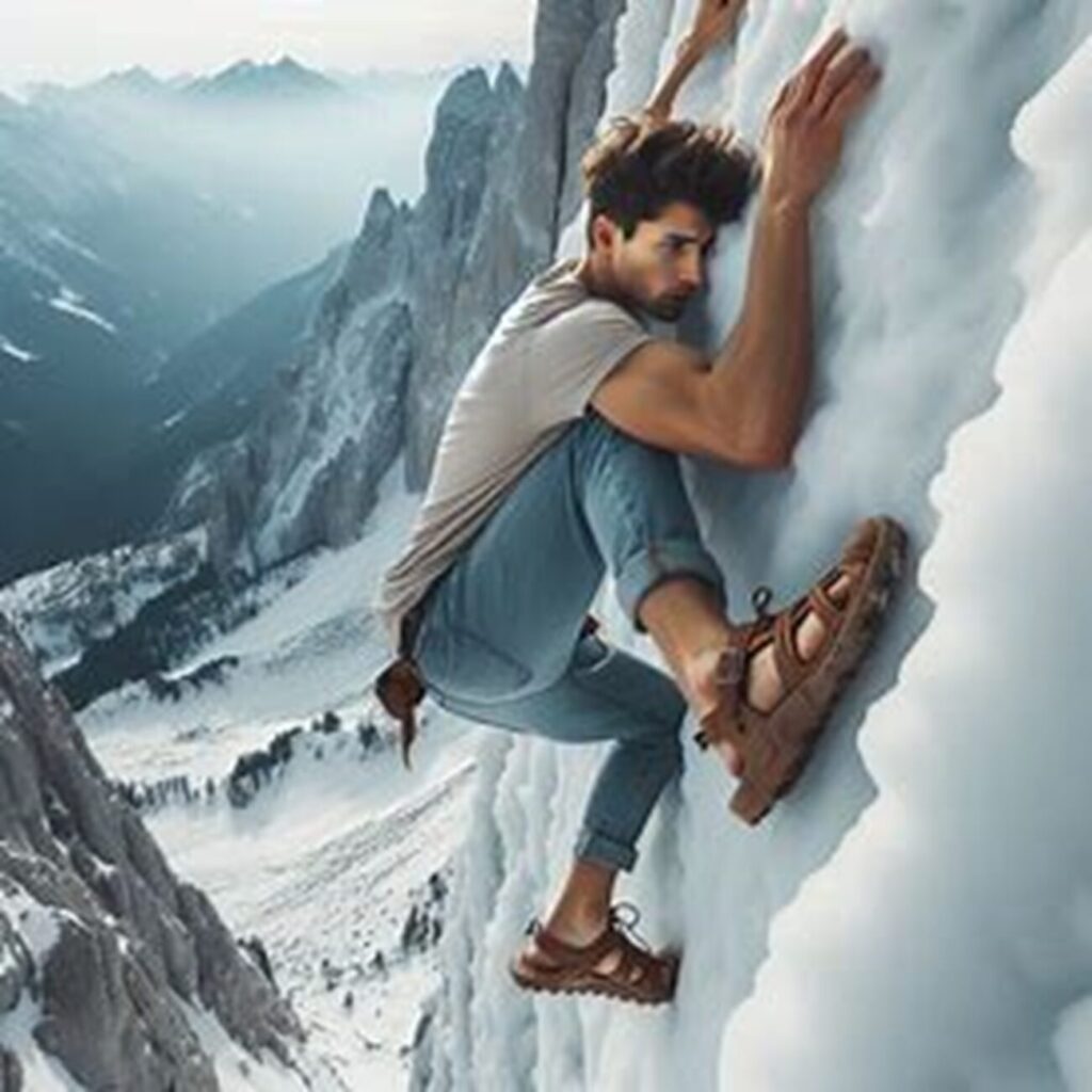 Young man facing death climbing an ice wall in sandals.
