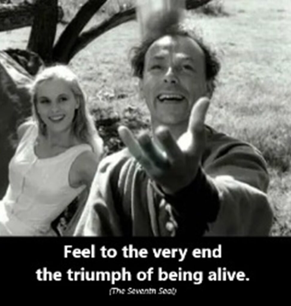 Meme with an image and quote from the film The Seventh Seal that reads "Feel to the very end the triumph of being alive."