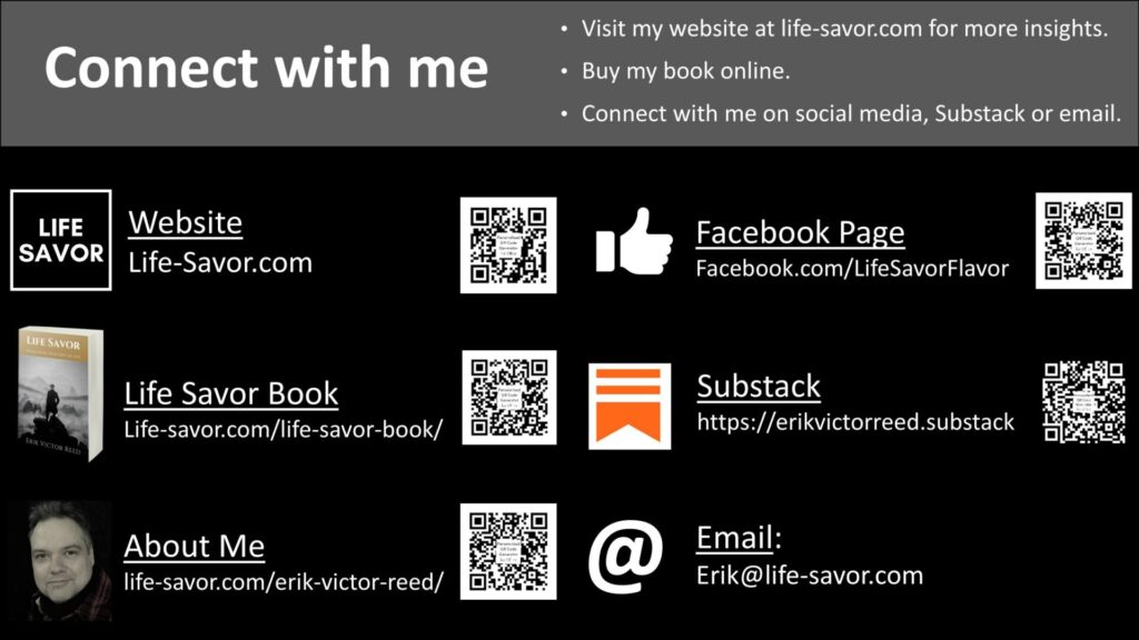 Contact information for Erik Victor Reed and Life Savor on his website, for his book, his facebook page, and his substack.