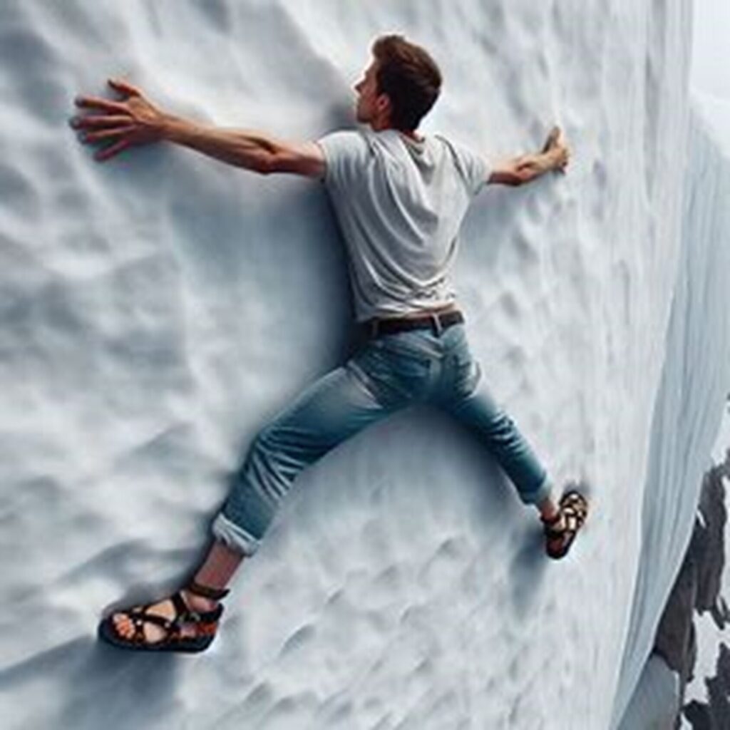Scared young man facing death while clinging to sheer ice wall in sandals, jeans and t-shirt.