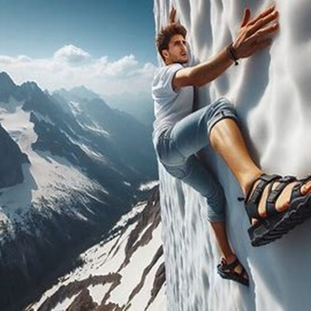Young man clinging for life to an ice wall.