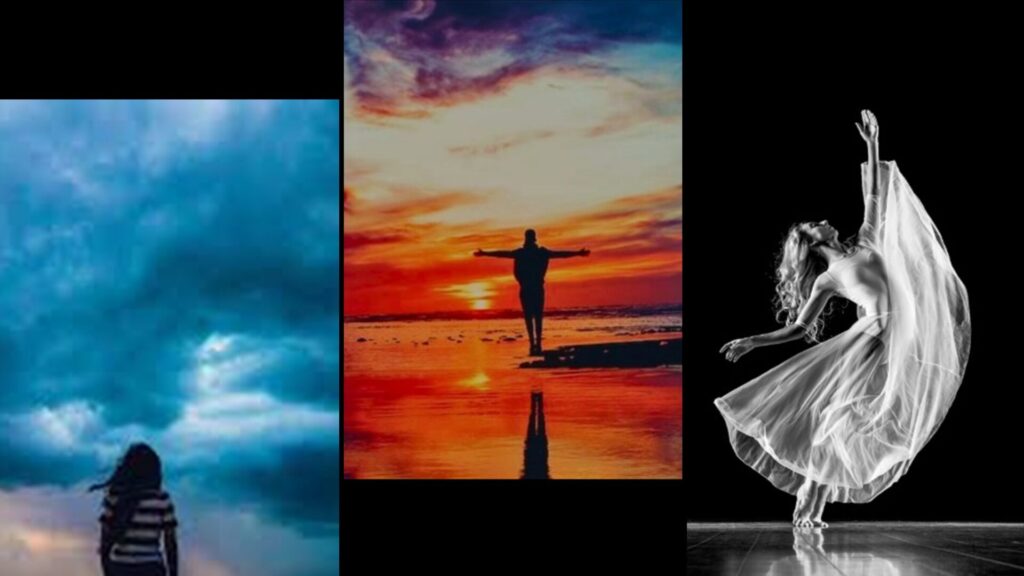 Three pictures. Girl in a storm. Silhouette of a man at sunset at the water. Dancer on stage with arm raised.